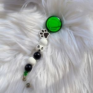 Beaded badge reel dog print wooden beads